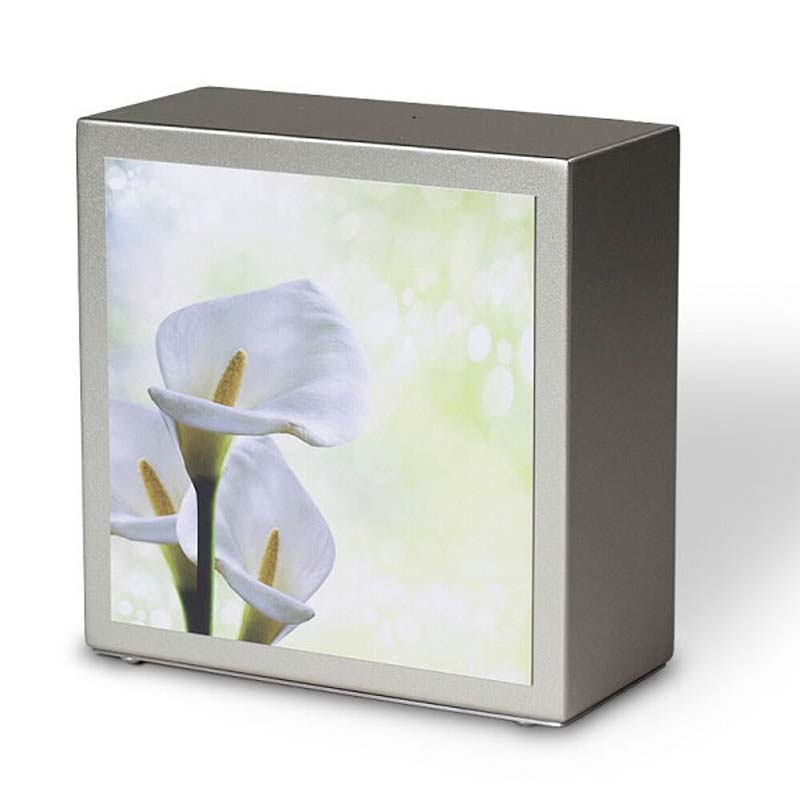 Urnwebshop Grote RVS Urn Champagne met Calla Opdruk (4 liter)