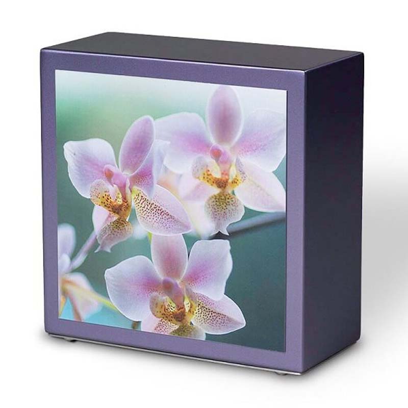 Urnwebshop Grote RVS Urn Violet met Orchidee Opdruk (4 liter)