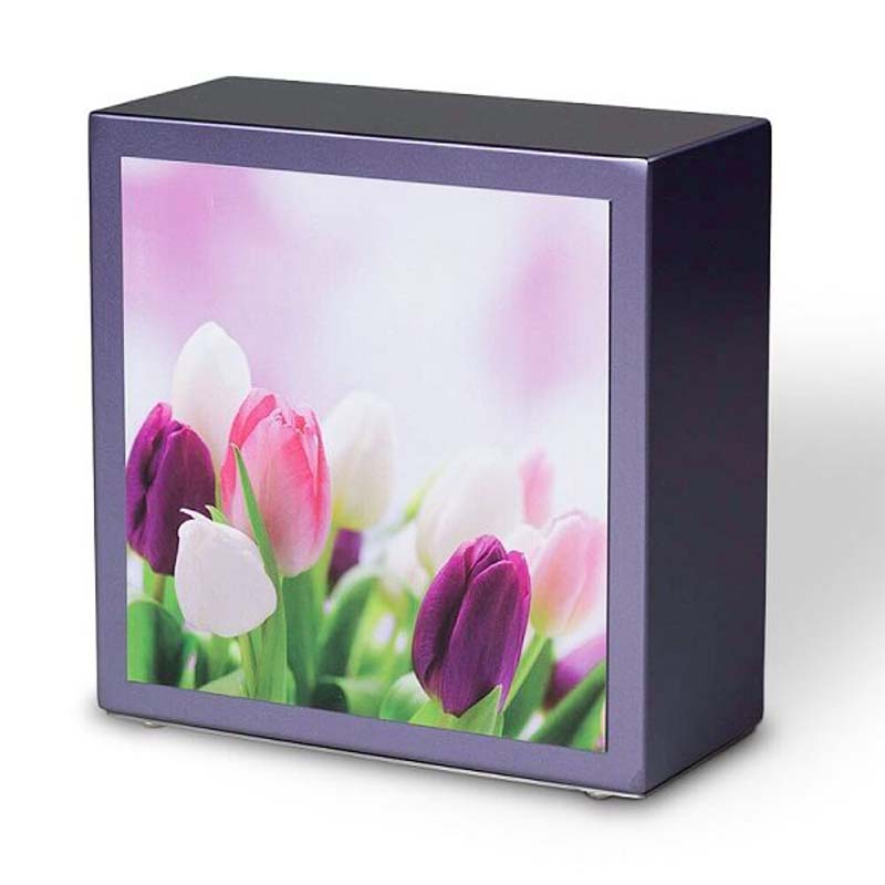 Urnwebshop Grote RVS Urn Violet met Tulpen Opdruk (4 liter)