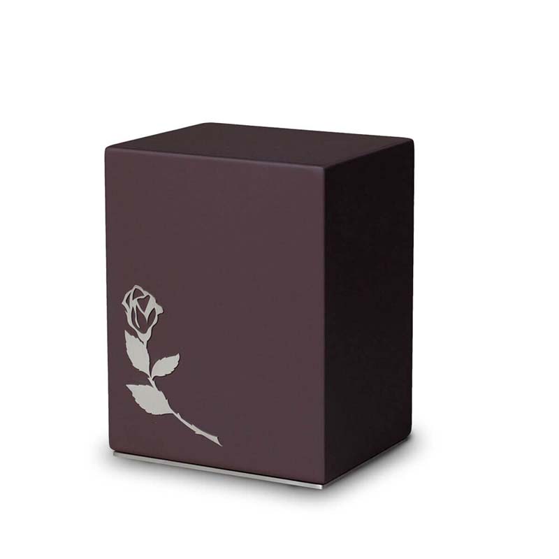 Urnwebshop Grote RVS Soft Touch Urn Bordeaux, met RVS Roos (4 liter)