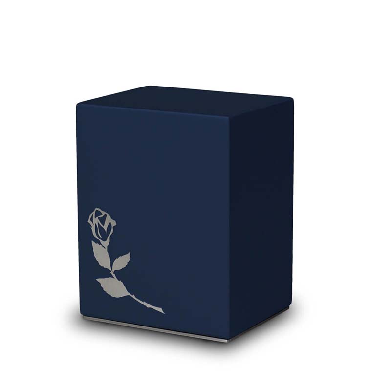 Urnwebshop Grote RVS Soft Touch Urn Donkerblauw, met RVS Roos (4 liter)