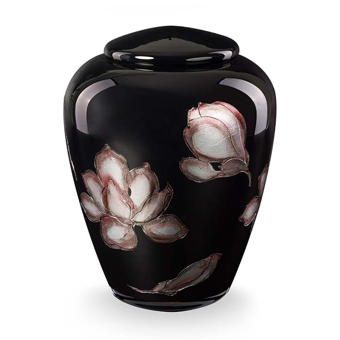 Glazen Urn Glimmend Zwart - Magnolia Bloemen (4 liter)