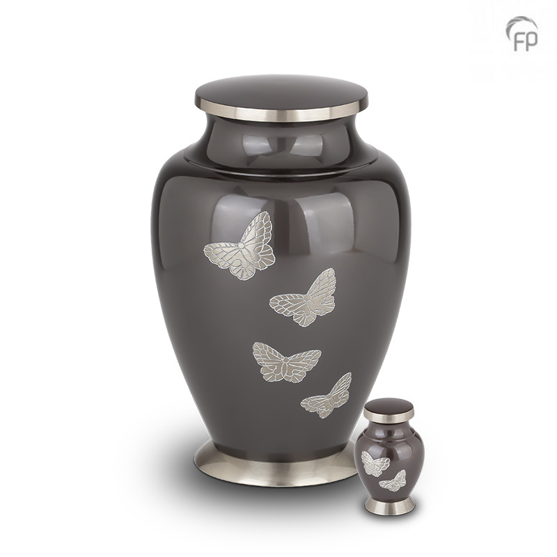 Mini Urn Antraciet - Zilveren Vlinders (0.05 liter)