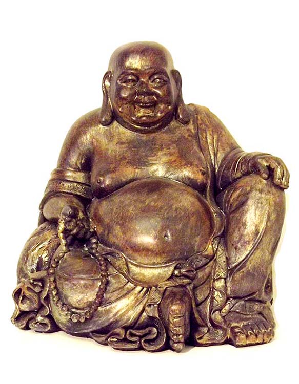 Turbulentie Sinewi pols Lachende Dikbuik Boeddha Urn van 4.5 liter, met gebedsketting.  Bruin-Darkgold. Urnwebshop.nl
